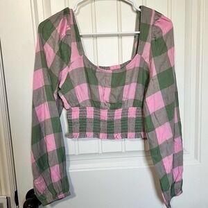 BP. Womens Crop Top Pink Buffalo‎ Plaid Long Sleeve Puff Scoop Neck Smocked SZ S